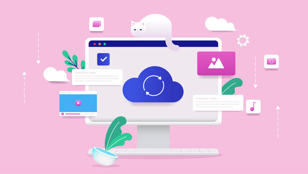 Using cloud service - Computer syncing files to the cloud with decorative design elements in semi flat vector design
