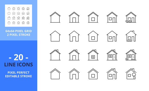 Line icons about home and real estate. Pixel perfect 64x64 and editable stroke
