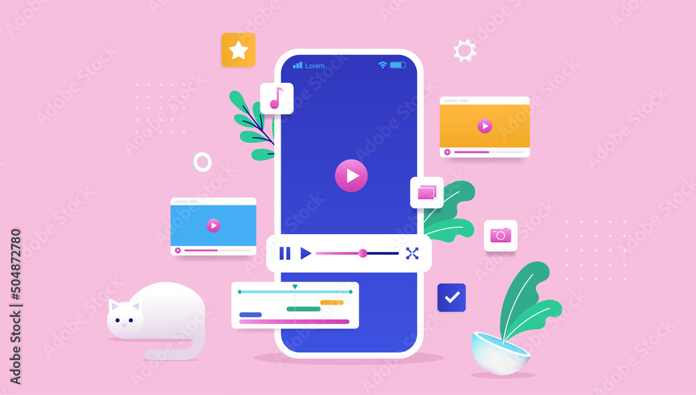 Poster editing videos on phone - smartphone with movie edit app and decorative ui elements. semi flat vecto