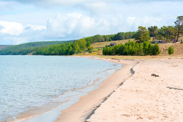 Lake Baikal at sunny summer day. Beauty of nature concept. Soft focus