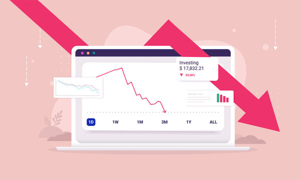 Stock market crash - Laptop computer with investing portfolio losing money and red arrow pointing down. Recession concept, flat design vector illustration