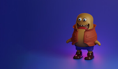 Cute monster on a blue background for advertising layouts, high quality photo. Stylish 3d render