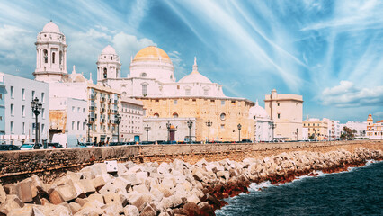 Ancient Cadiz city in southern Spain. Cadiz Cathedral and old town. spain travel. altered sky