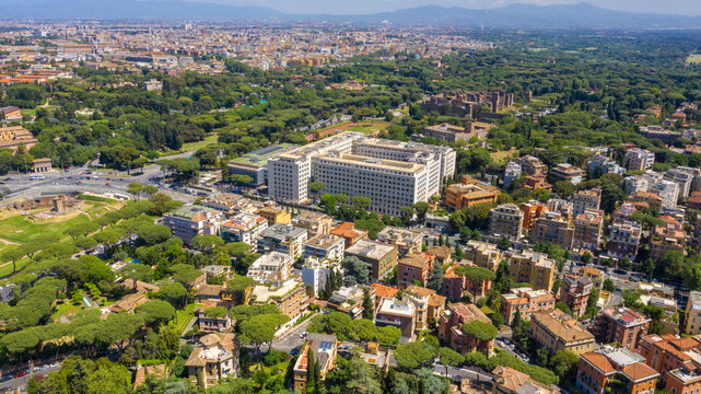 Aerial view of the main headquarters of the United Nations Food and Agriculture Organization, known as FAO. The building is located in the historic center of Rome, Italy.
