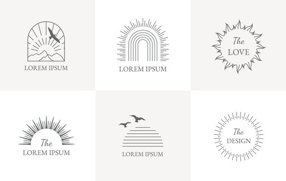 Bohemian linear logos, icons, symbols, sun design templates, gray geometric abstract design elements for decoration.