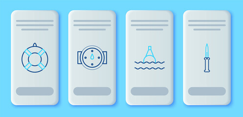 Set line Wind rose, Floating buoy on the sea, Lifebuoy and Army knife icon. Vector