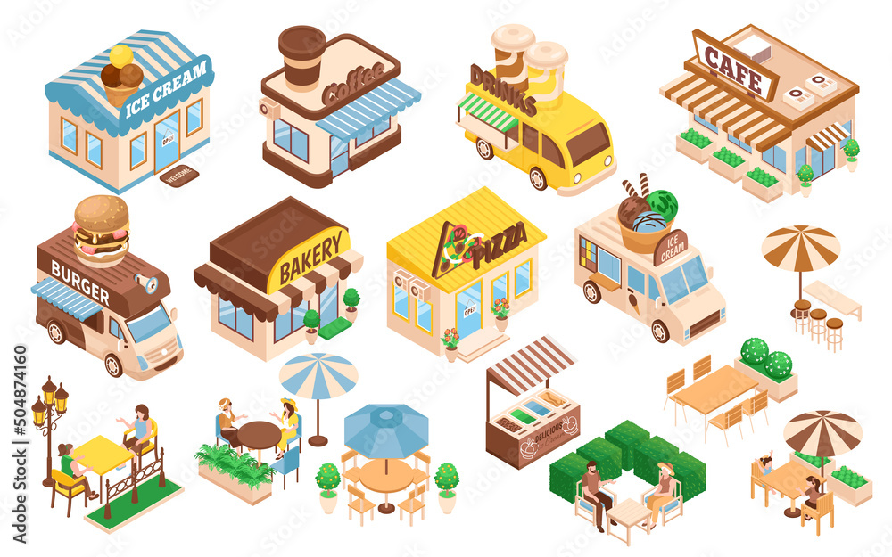 Wall mural isometric street cafe set