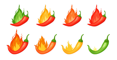 Chilli pepper spicy food level. Hot scale indicator with mild, medium, hot, extra positions. Icons with fire flames. Vector illustration
