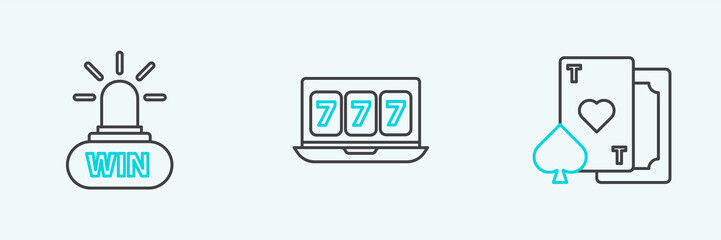 Set line Playing card with heart, Casino win and Online slot machine lucky sevens jackpot icon. Vector