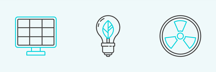 Set line Radioactive, Solar energy panel and Light bulb with leaf icon. Vector