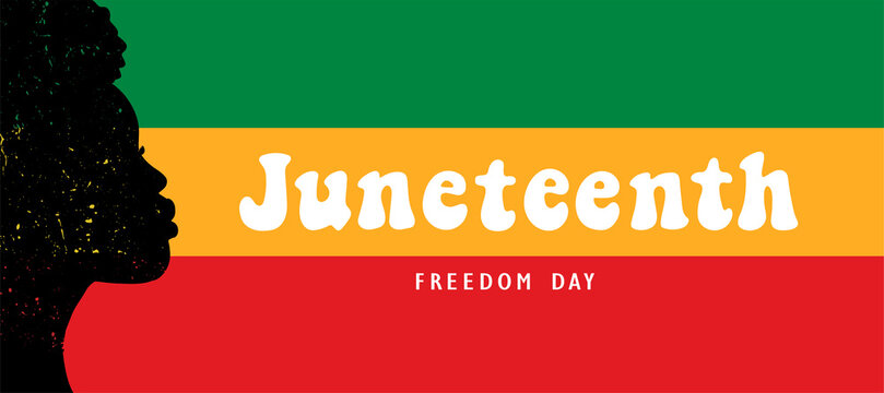 Juneteenth quote decorated with flag and abstract african woman's  silhouette. Banner, poster, card, print, invitation, template design. Black lives matter theme. EPS 10