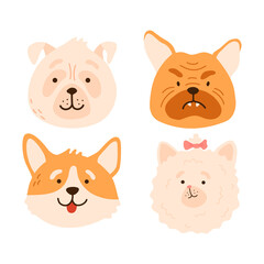 Pomeranian, pug, bulldog, corgi dog face collection. Vector heads of different dog cartoon kawaii character icon. Hand drawn isolated illustration. Puppy pet bundle for print, game, party, kids design