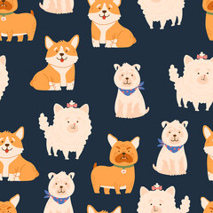 Seamless cartoon dogs pattern. Cute animals, pet vector hand drawn color background for kids apparel,fabric, textile, nursery decoration,wrapping paper