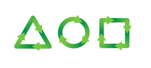 Green recycle icon set isolated on white. Triangle, square and round shape reuse renew arrow circle icons. Ecology, environment, zero waste, eco friendly symbol signs for packaging design. Flat vector