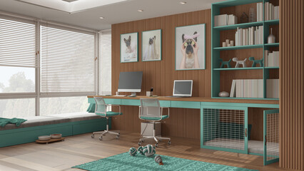 Smart working, pet friendly turquoise and wooden corner office, work from home. Desk, computer and...