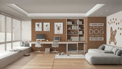 Home office in white and wooden tones. Desk with chairs and computers, big window and velvet sofa. Dog bed with gate, carpet with dog toys. French bulldog artwork, interior design