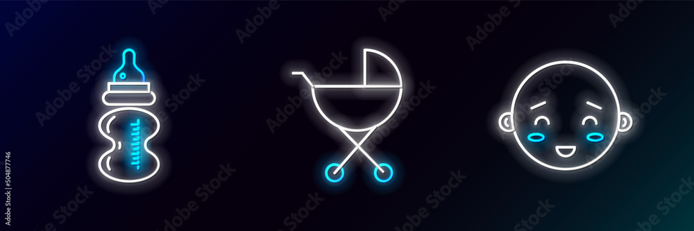 Canvas Prints set line happy little boy head, baby bottle and stroller icon. glowing neon. vector