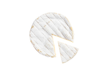 Piece of camembert cheese isolated on white background. From top view, soft brie cheese.
