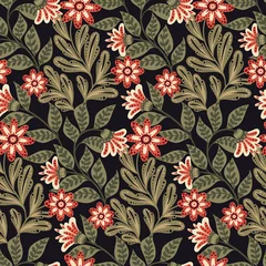 Möbelaufkleber Seamless pattern with ornamental plants in traditional folk style. Ornate floral print, classic botanical background with wild flowers, leaves on thick stems. Vector illustration. © Yulya i Kot