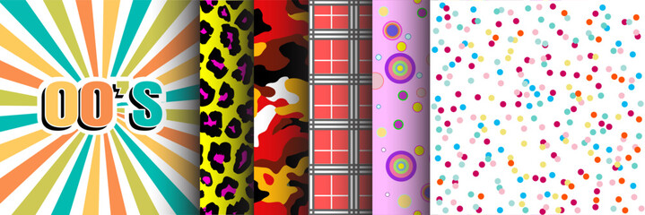 00's collection of seamless patterns | Set of abstract vivid vector graphics in retro vintage style for apparel | Flyer. poster, banner elements. Textile content, fabric examples.