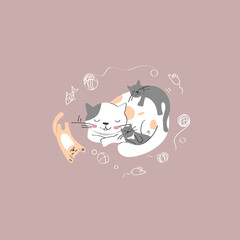 cute vector illlustration with Mama Cat and little kittens
