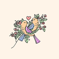 cute doodle vector illustration with two birds in love 