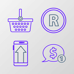 Set line Speech bubble with dollar, Smartphone, mobile phone, Registered Trademark and Shopping basket icon. Vector