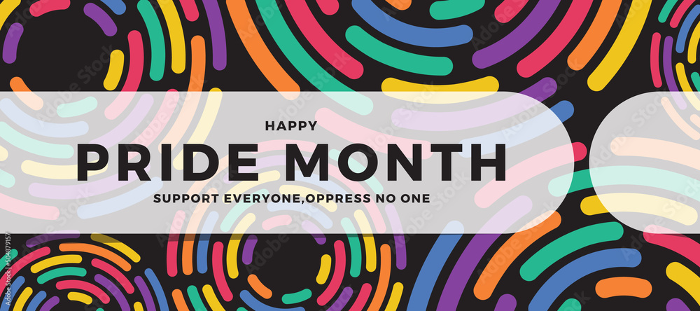 Wall mural happy pride month text on white tab bar on abstract colorful circle ring line texture background vec