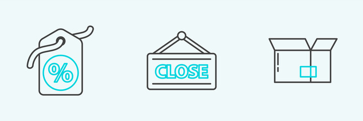 Set line Carton cardboard box, Discount percent tag and Hanging sign with Closed icon. Vector
