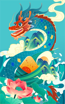 Dragon boat race on dragon boat festival, eating rice dumplings, celebrating traditional festival activities, Chinese dragon, vector illustration
