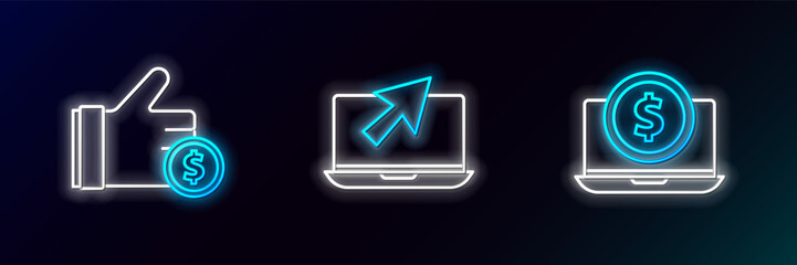Set line Laptop with dollar, Hand holding coin and cursor icon. Glowing neon. Vector