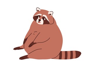 Cute chunky raccoon with fat full belly, sitting in funny pose. Lazy chubby racoon. Amusing sweet animal relaxing. Fatty stout character. Flat vector illustration isolated on white background