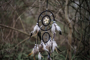 Dreamcatcher, spiritual mystic shaman amulet hanging in the forest