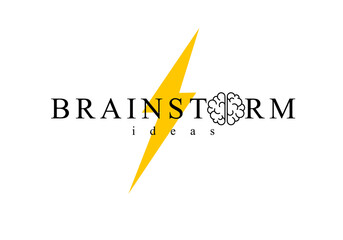 Brainstorm concept vector logo or icon, human brain and lightning bolt simple symbol, flat modern style.