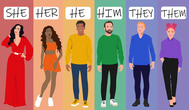 Gender pronouns, she, he, they. Gender-neutral movement. Vector illustration