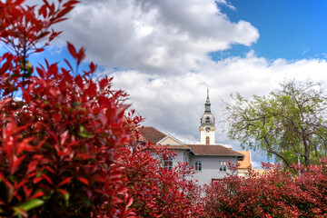 Beautiful urban spring landscape, church in the old city center of Sombor in Serbia
