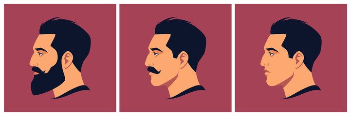 Head of bearded, moustached and shaved  man in profile. Portrait of bearded brunet man. Abstract male portrait, face side view. Stock vector  illustration in flat style.