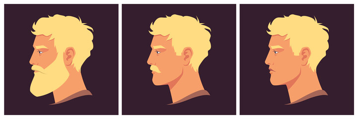 Head of bearded, moustached and shaved man in profile. Portrait of bearded blond man. Abstract male portrait, face side view. Stock vector illustration in flat style.