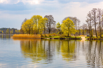 Panoramic spring view of Jezioro Elckie lake with reed and wooded shoreline along touristic promenade in Elk town of Masuria region of Poland © Art Media Factory