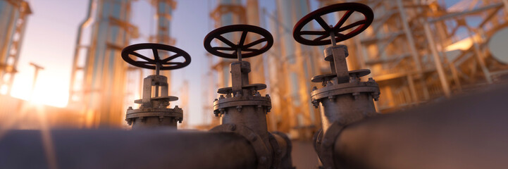 Large industrial gas pipelines in a modern refinery at sunrise 3d render - obrazy, fototapety, plakaty