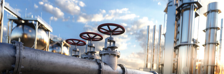 Large industrial gas pipelines in a modern refinery at sunrise 3d render - obrazy, fototapety, plakaty