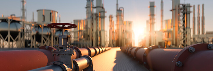 Fototapeta Large industrial gas pipelines in a modern refinery at sunrise 3d render obraz