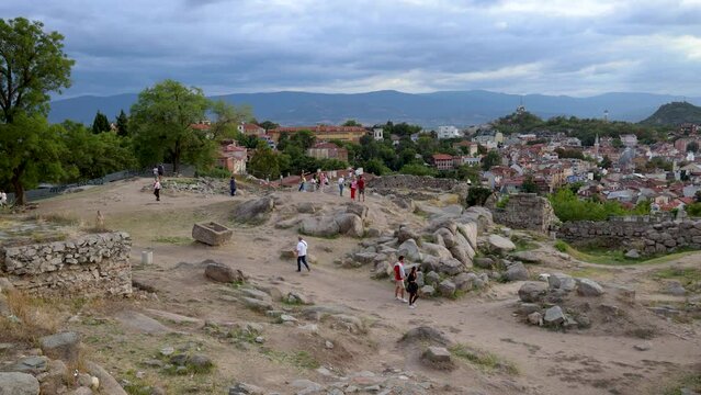 Ruins of ancient fortress on a Nebet Tepe hill in Plovdiv city, Bulgaria, 4k video