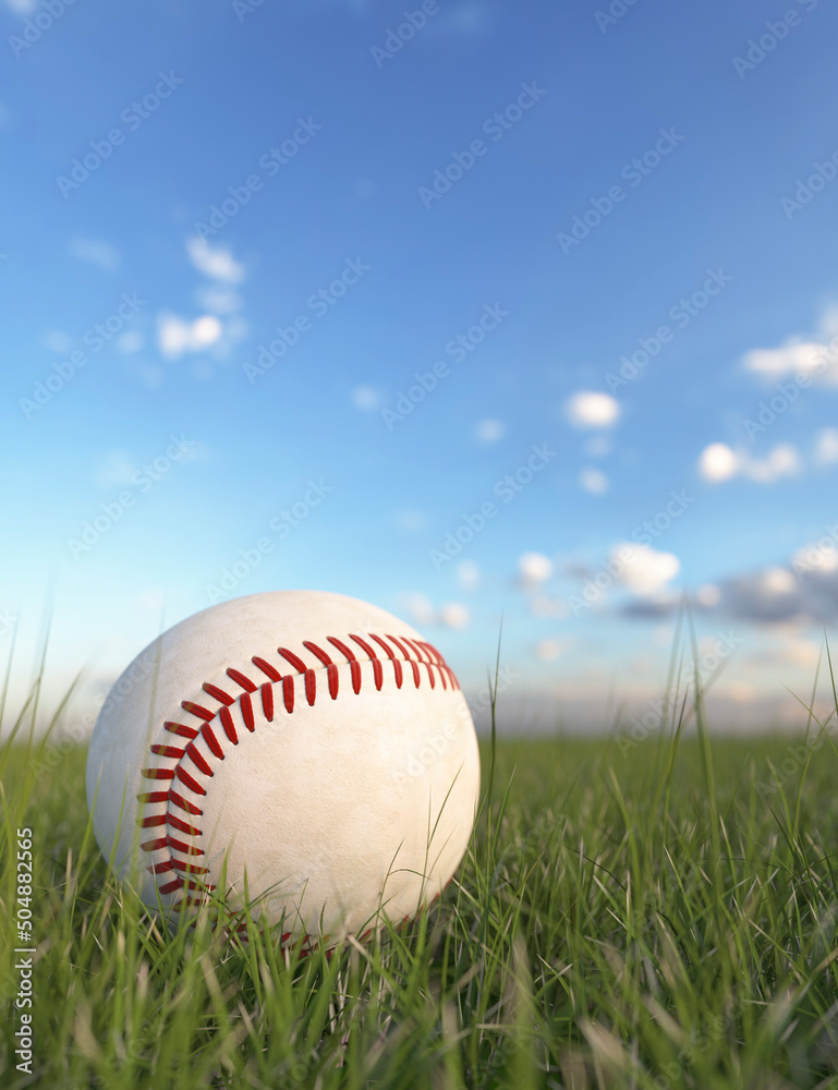 Wall mural Bright white baseball in the grass close up on a summers day 3d render