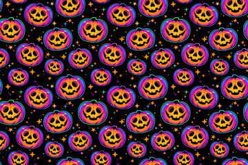 raster seamless pattern of bright multicolored haloween pumpkins