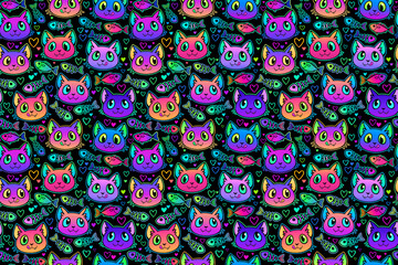 Fototapeta na wymiar jpg seamless illustration of cute bright cat heads and fish