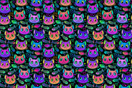 jpg seamless illustration of cute bright cat heads and fish