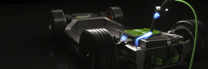 Modern electric car battery chassis being charged with a glow from the electricity 3d render - obrazy, fototapety, plakaty
