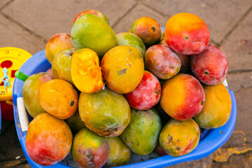 Fresh fruits and vegetables at the local market in Lima, Peru. Market vegetables sold by local farmers