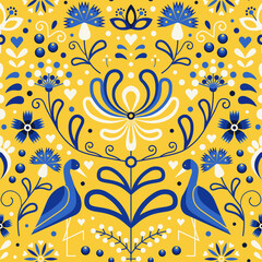 Slavic Floral Folk Ukraine Pattern with Cranes